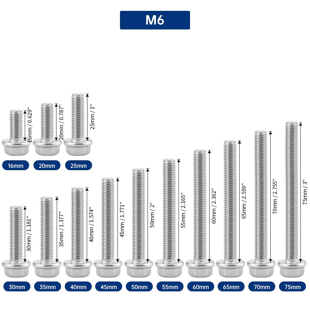 M6-1.0 x 50mm Sechskantschrauben mit Flansch Muttern und Unterlegscheiben Set